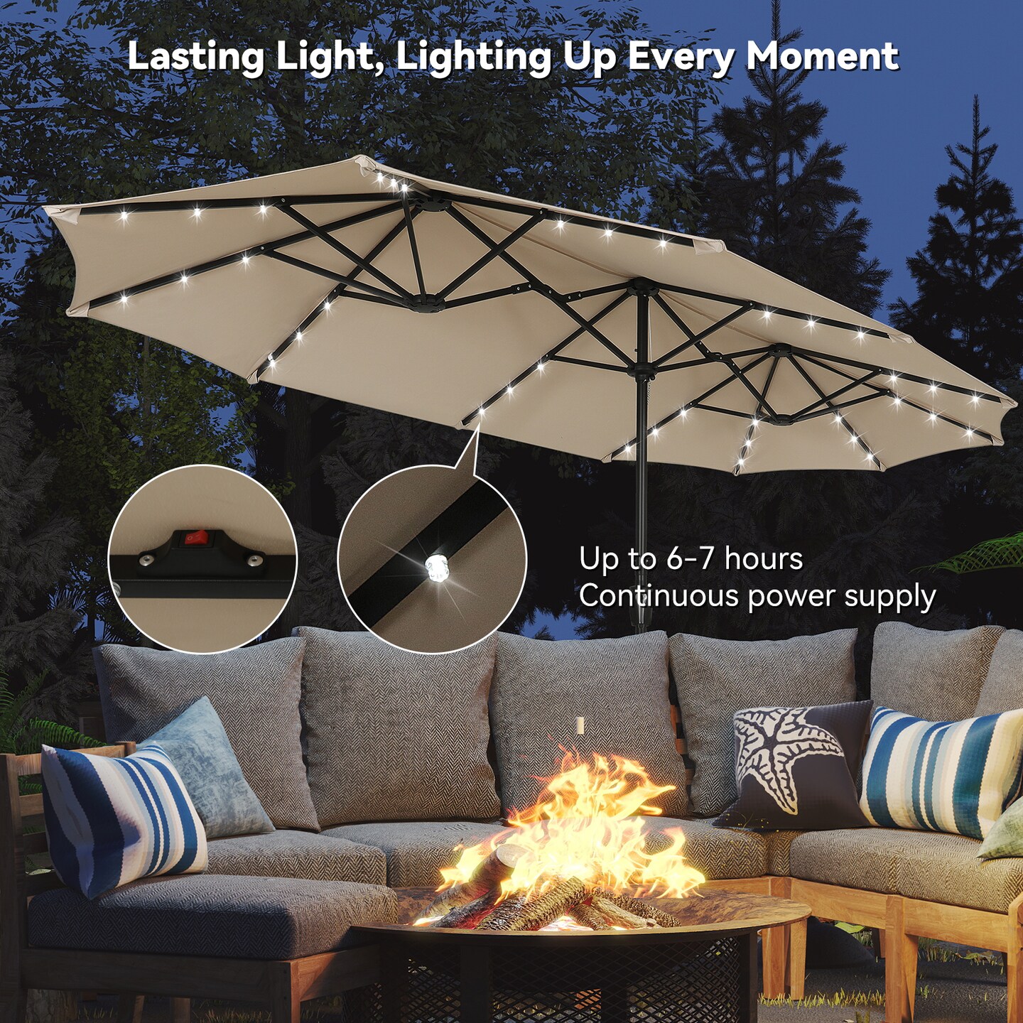 13ft Large Rectangular Outdoor Patio Umbrella with Solar Light, Reversible Outdoor Shade with Crank and Tilt for Garden, Patio, Deck and Pool (Beige)