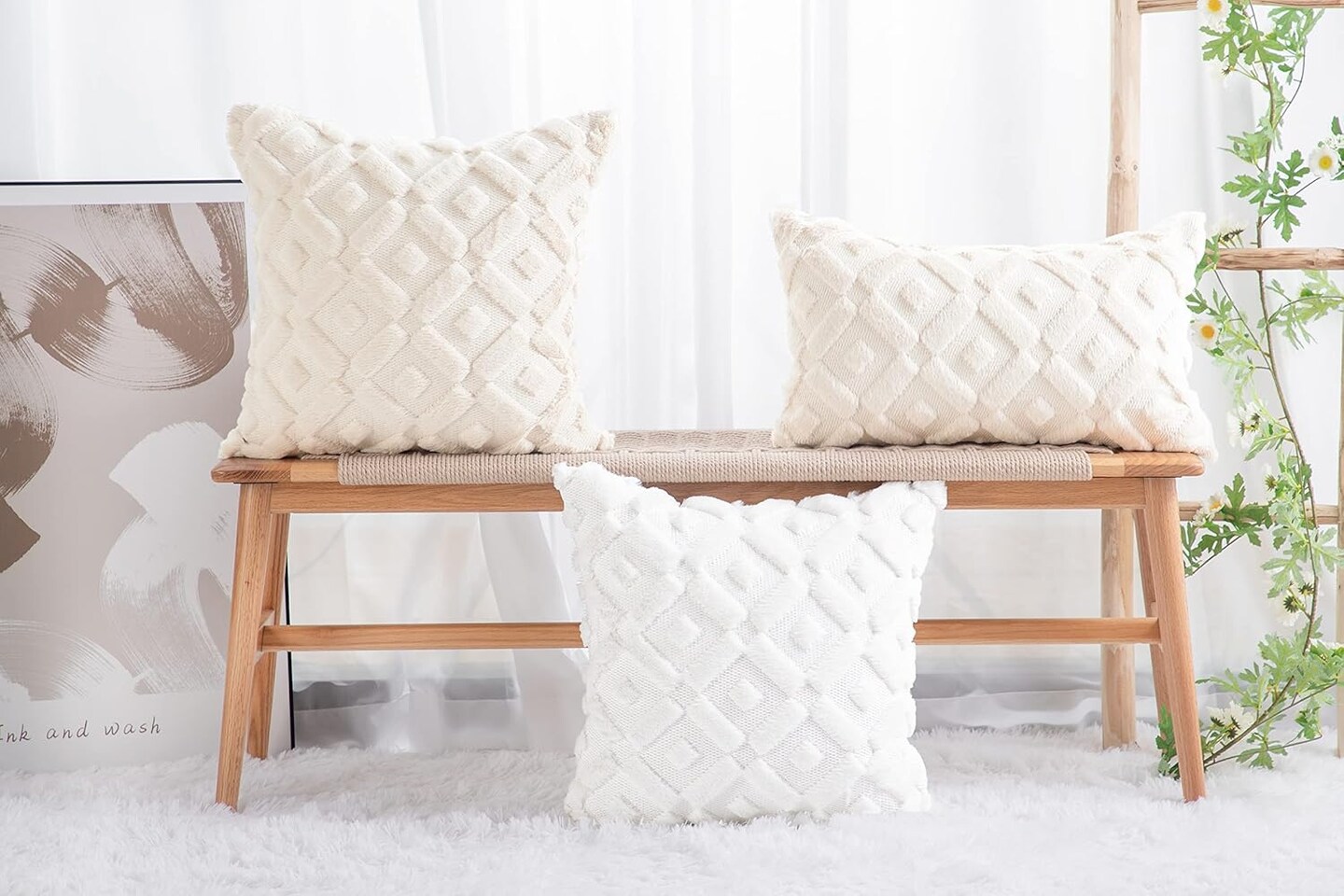 Set of 2 White Plush Short Wool Throw Pillow Covers 18x18 Inch Square Super Soft Cozy Decorative Velvet Cushion Cover for Sofa Bedroom Livingroom Pillow Shell