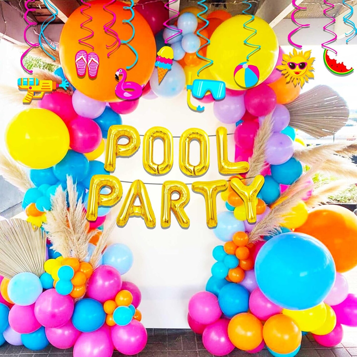 Summer Pool Party Hanging Swirls Decorations – 15 Pack Foil Ceiling Swirls with Beach Balloons & Banner, Tropical Swimming Pool Party Favors