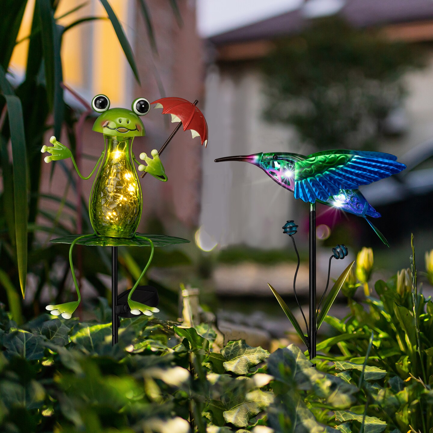 Set of 2 36&#x22;H/39&#x22;H Solar Hummingbird &#x26; Frog Yardstakes