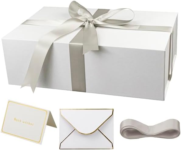Large White Magnetic Gift Box with Lid – 14 x 9 x 4.5 Inch Luxury Gift Box with Ribbon, Card & Envelope for Weddings, Birthdays & Gift Packaging (white)