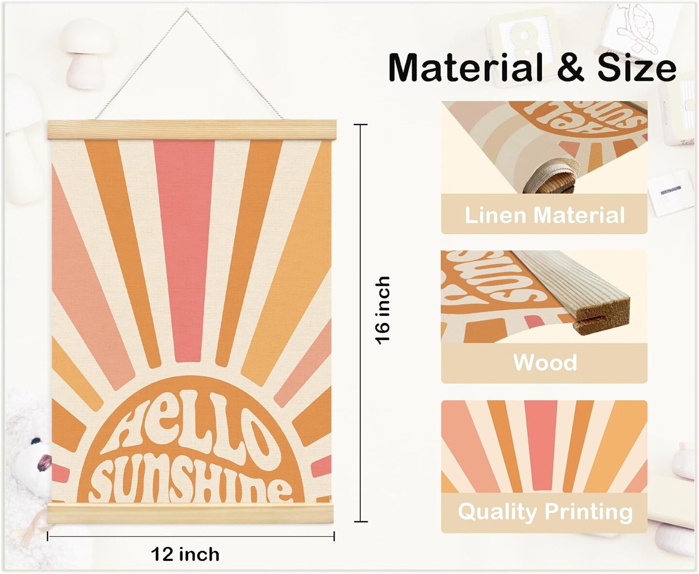 Hello Sunshine Boho Summer Sun Decor Poster Hanger Frame - Door Wall Boho Nursery Wooden Frames,Motivational Wall Hanging Banner Decor for Bedroom Playroom Homeschool School 12x16 Inch