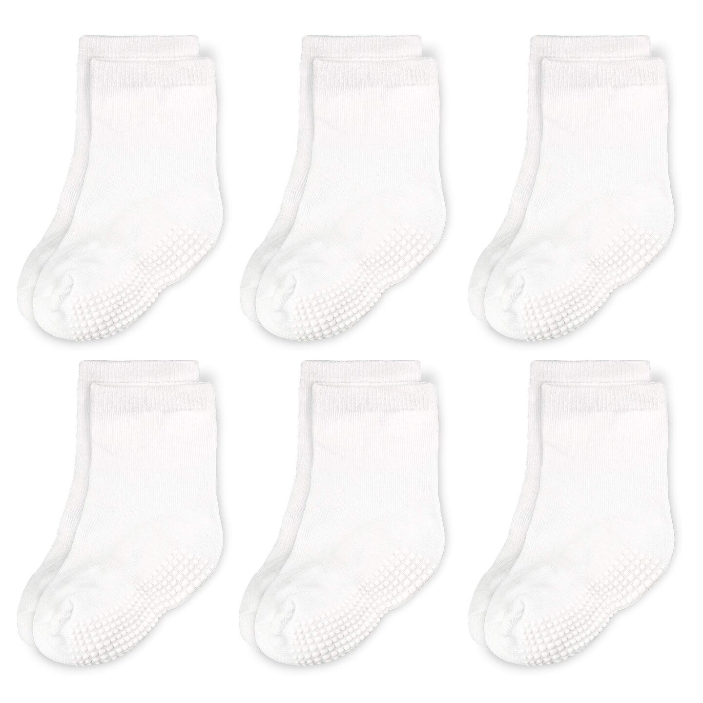 CozyWay Toddler Socks With Grippers Non Slip Crew Grip Socks for Girls and Boys Soft Comfy Cotton - 3T-5T Unisex White - 6 Pack