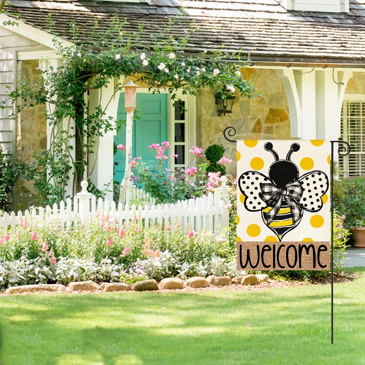 Summer Polka Dot Bee Welcome Garden Flag 12x18 Inch Double Sided Outside, Seasonal Holiday Burlap Yard Outdoor Decoration