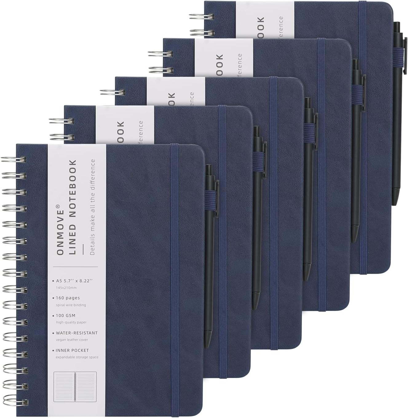 Spiral Notebooks Journal for Women Men 5 Pack Bulk Leather Hardcover with Pen Holder A5 160 Pages 100 GSM Thick Paper for Work School