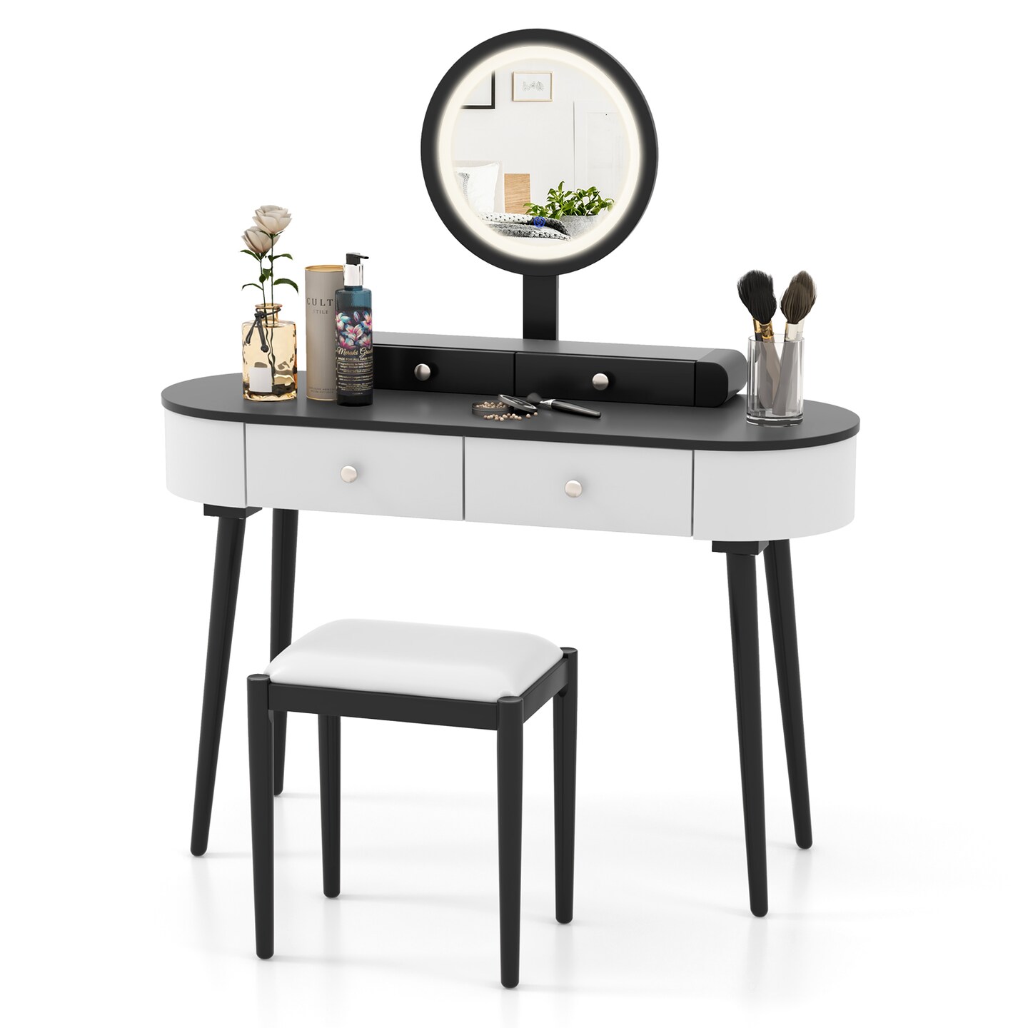 LED Lighted Vanity Table Set with Adjustable Mirror &#x26; Cushioned Stool