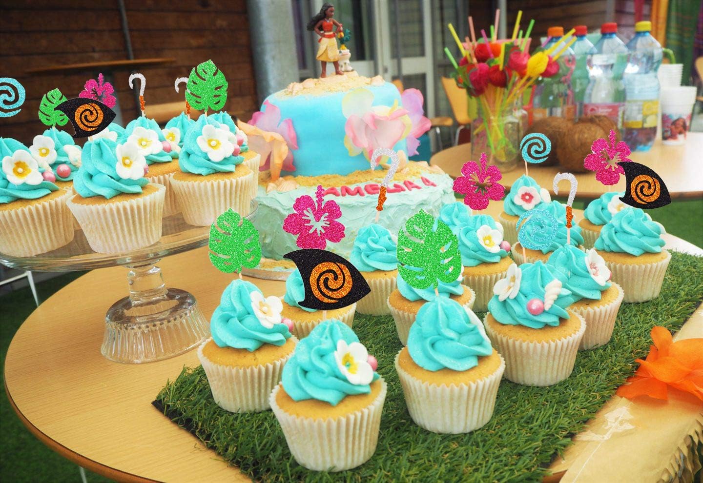 30 Pcs Glittery Moana Inspired Cupcake Toppers Moana Cake Toppers Hawaiian Birthday Party Decoration for Tropical Luau Summer Party Baby Shower Wedding