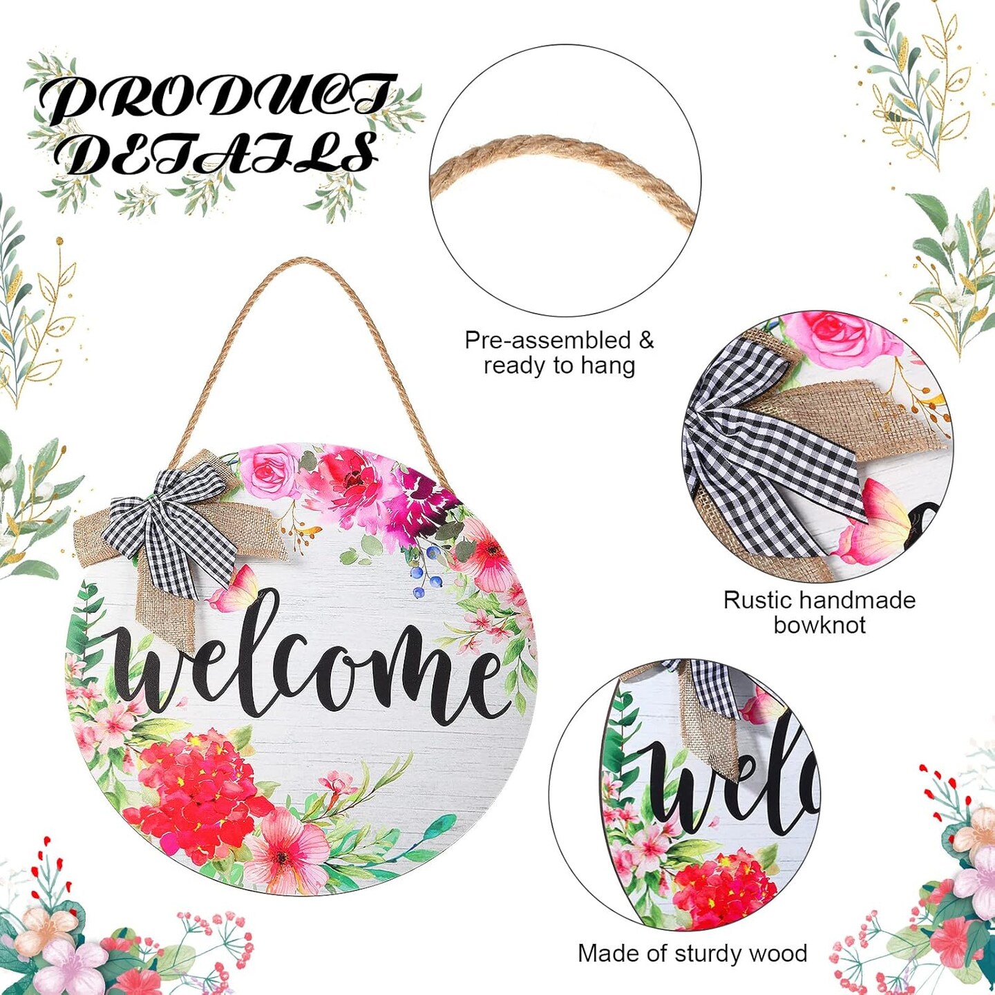 Welcome Signs for Front Door Decoration Farmhouse Wreaths Door Hanger Rustic Wooden Welcome Flower Hanging Door Wall Sign Decor for Seasons Holiday