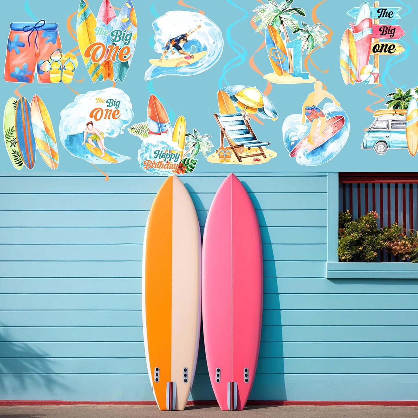 Summer Surfing Party Hanging Swirls Vintage Surfing Birthday Decoration Surfboard Themed Swirl Ceiling Summer Beach Surf Party Hanging Streamer for Hawaii Party The Big One Surf Party Supplies