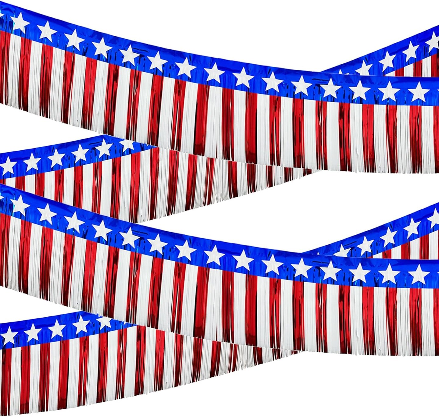 4 Pack Parade Floats Foil Fringe, Each 10 ft x 15'' American Flag Stripes and Stars Tinsel Patriotic foil Fringe Garland for 4th of July Trailer Car Graduation Homecoming Party (4 Pack)…