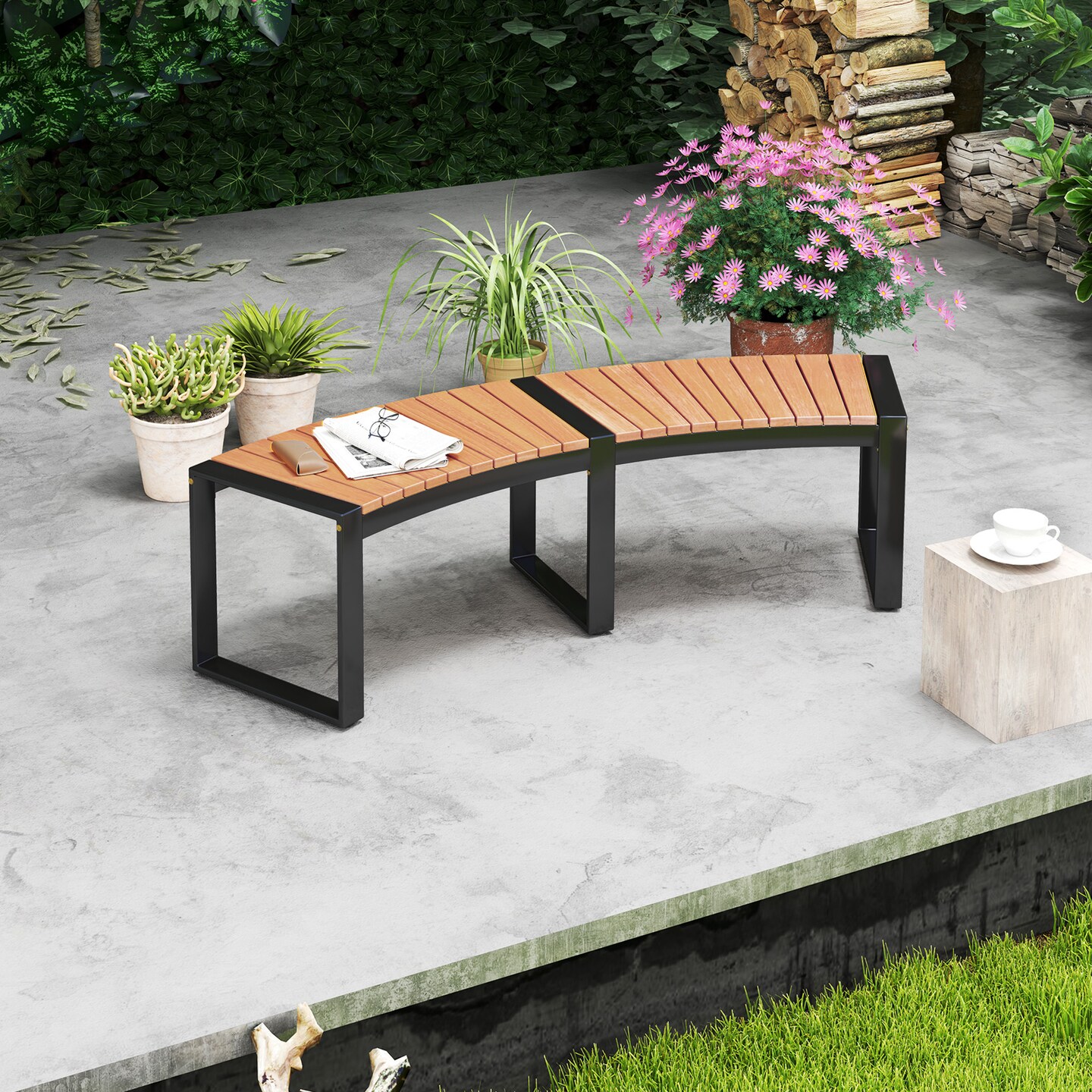 Yellow Patio Wooden Curved Bench with Slatted Seat and Black Metal Legs Perfect for Outdoor