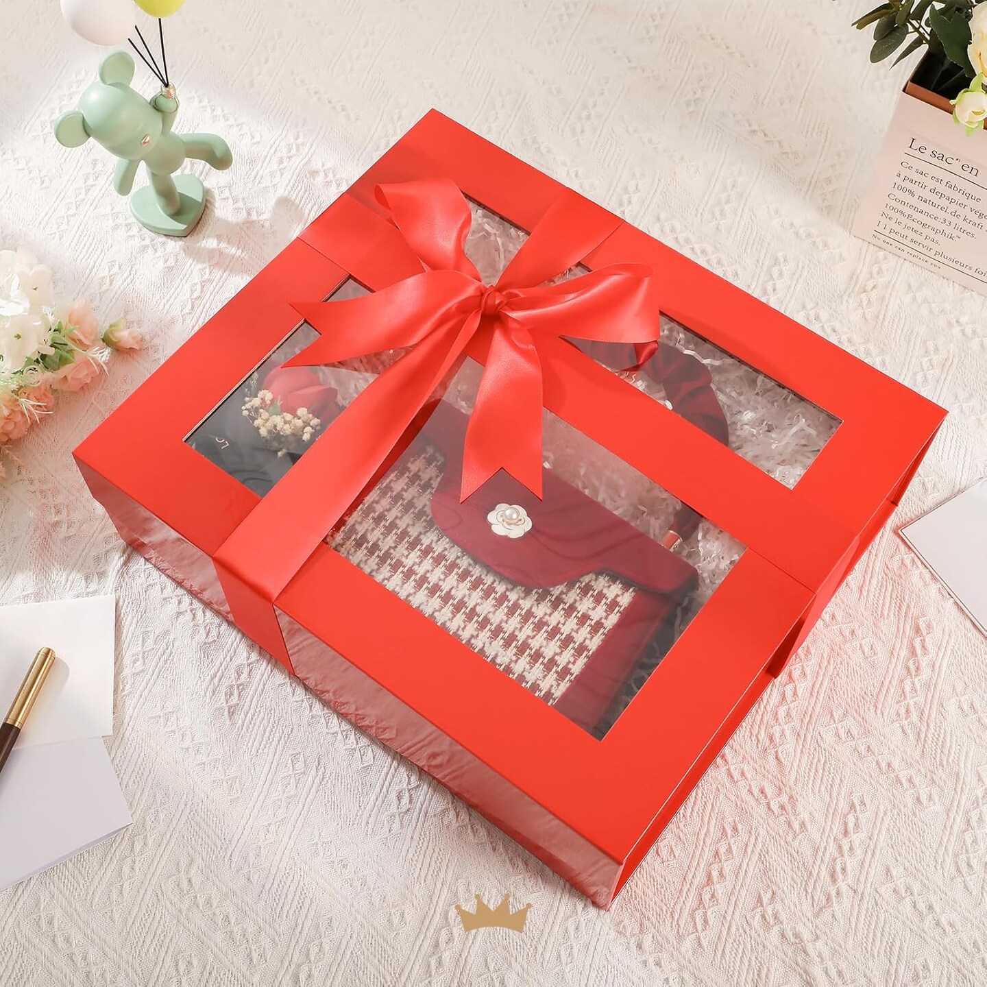 5 Extra Large Red Christmas Gift Boxes with Window – 16.3 x 14.2 x 5 Inches Clear Gift Boxes for Presents, Includes Ribbon & Card, Magnetic Lid, Bridesmaid Proposal Boxes