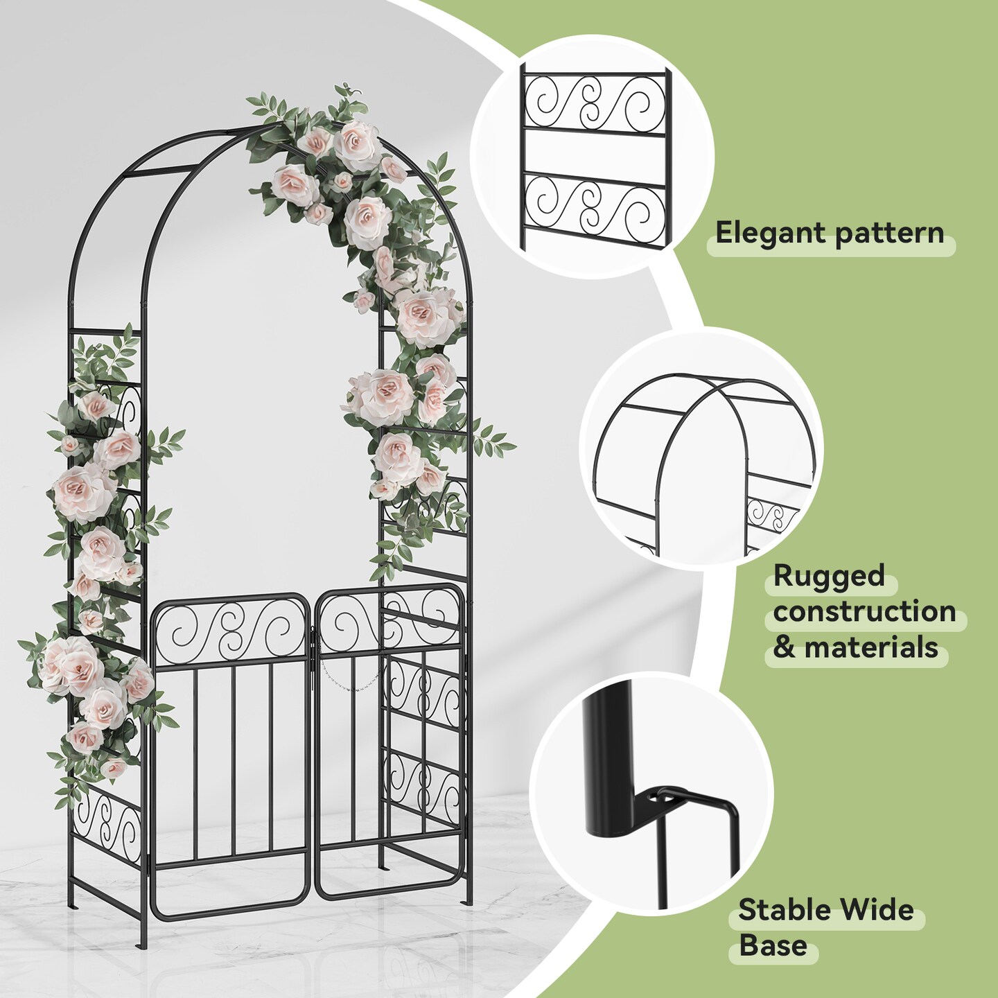 7.2FT Garden Arch Arbor with Gate, Heavy Duty Metal Outdoor Arbour Archway for Climbing Plants, Rust-Resistant Steel Wedding Arch for Patio, Ivy Roses Vines, Lawn Yard Landscape Decoration