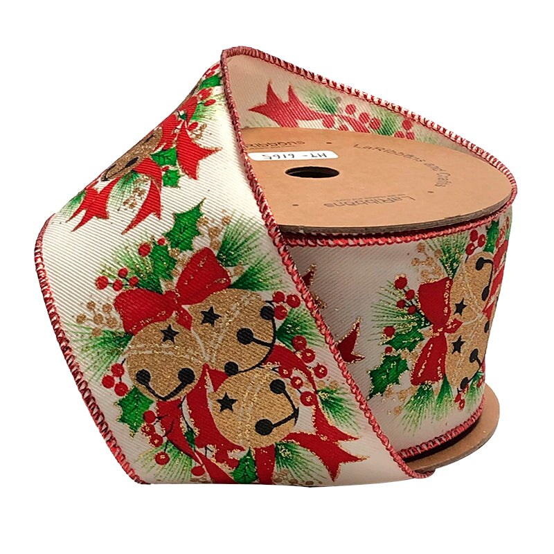 LaRibbons 2 1/2" Holiday Wired Ribbon | White Bells w/ Holly | 10 Yard Roll