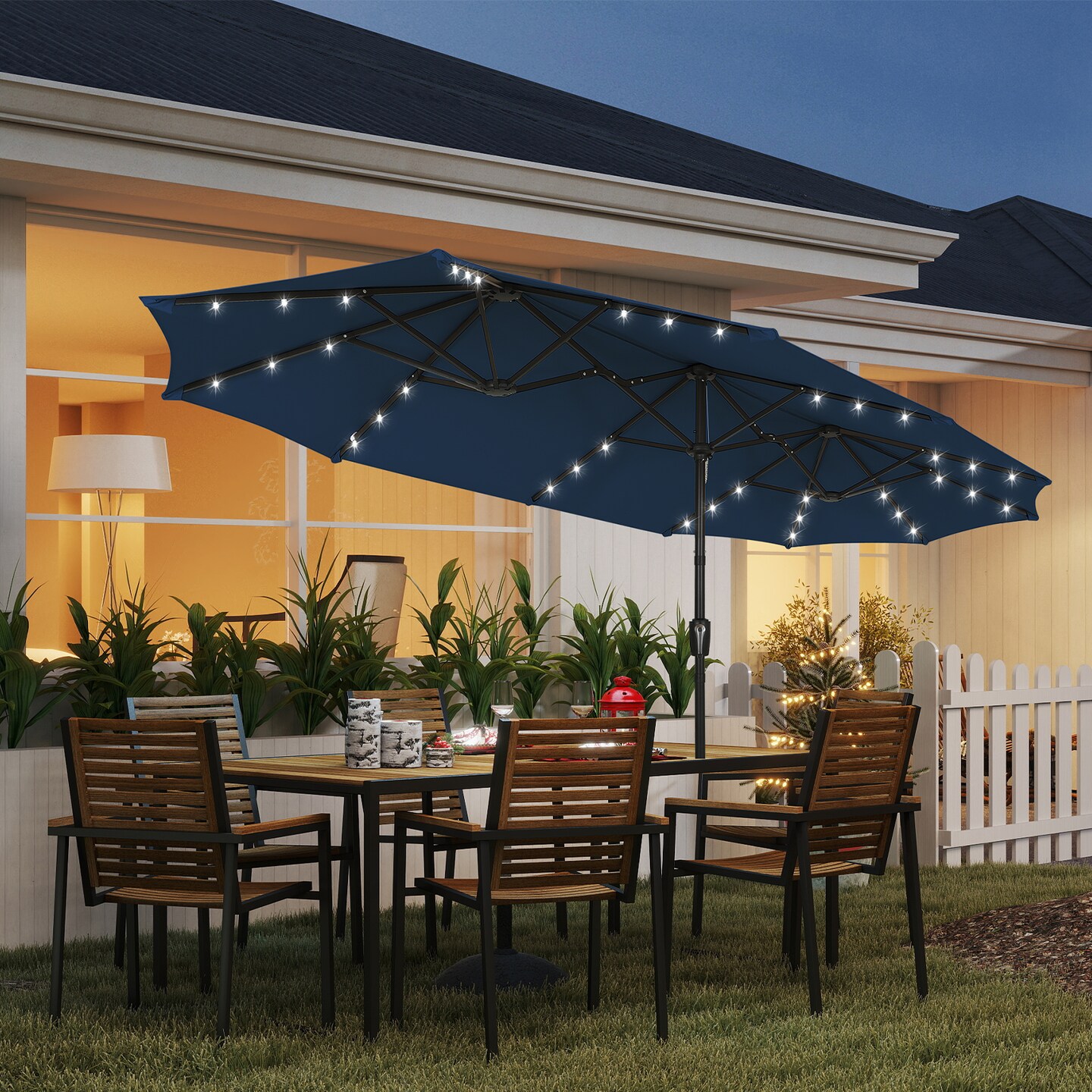 13ft Large Rectangular Outdoor Patio Umbrella with Solar Light, Reversible Outdoor Shade with Crank and Tilt for Garden, Patio, Deck and Pool (Navy Blue)