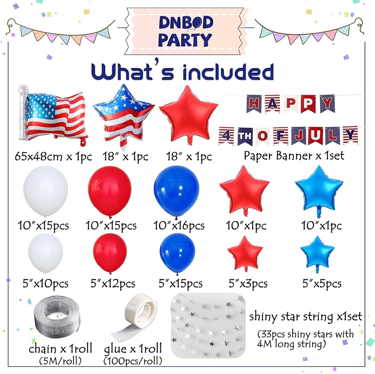 4th of July Balloon Garland Arch Kit,100pcs Navy Blue Red White Balloons Arch With Paper Banner For Independence Day Patriotic Party Supplies, July 4th Balloon Decorations with Shiny Stars Pendants