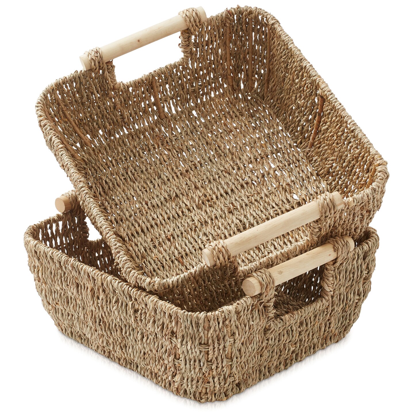 Casafield Set of 2 Water Hyacinth Seagrass Oval Storage Baskets with Wooden Handles - Woven Bin Organizers
