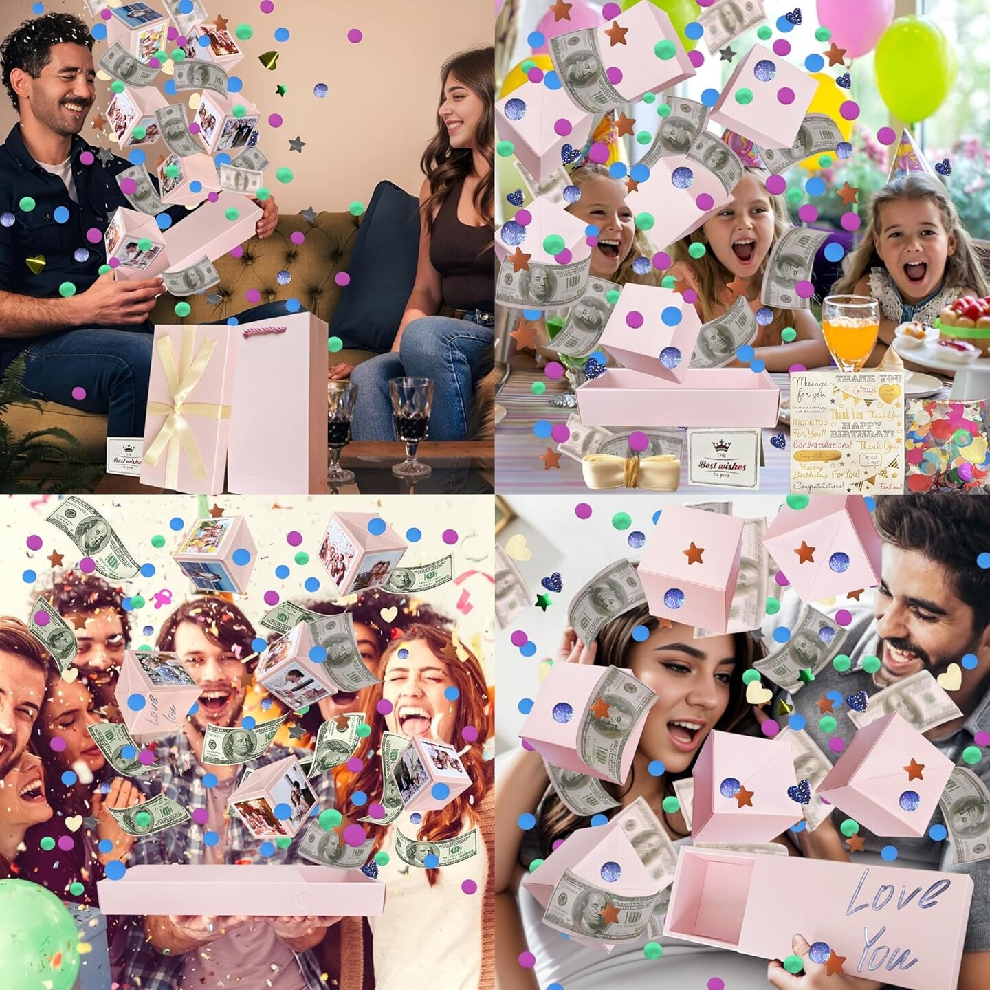 Surprise Box Gift Box for Money, DIY Unique Folding Bouncing Gift Box with Confetti, Surprise Gift Box Explosion for Birthday, Anniversary, Valentine's Day.(Pink), LH-001