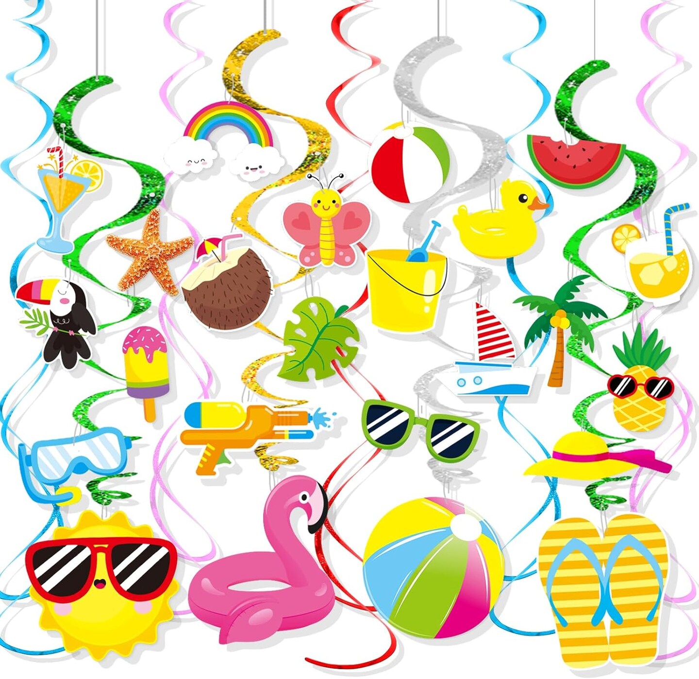 Hello Summer Beach Pool Party Hanging Swirl Decor 30 Pack Summer Hawaiian Luau Birthday Party Decor Supplies Swirl Spiral Streamer Hanging Banner Cutouts for Home Office Kids School Classroom