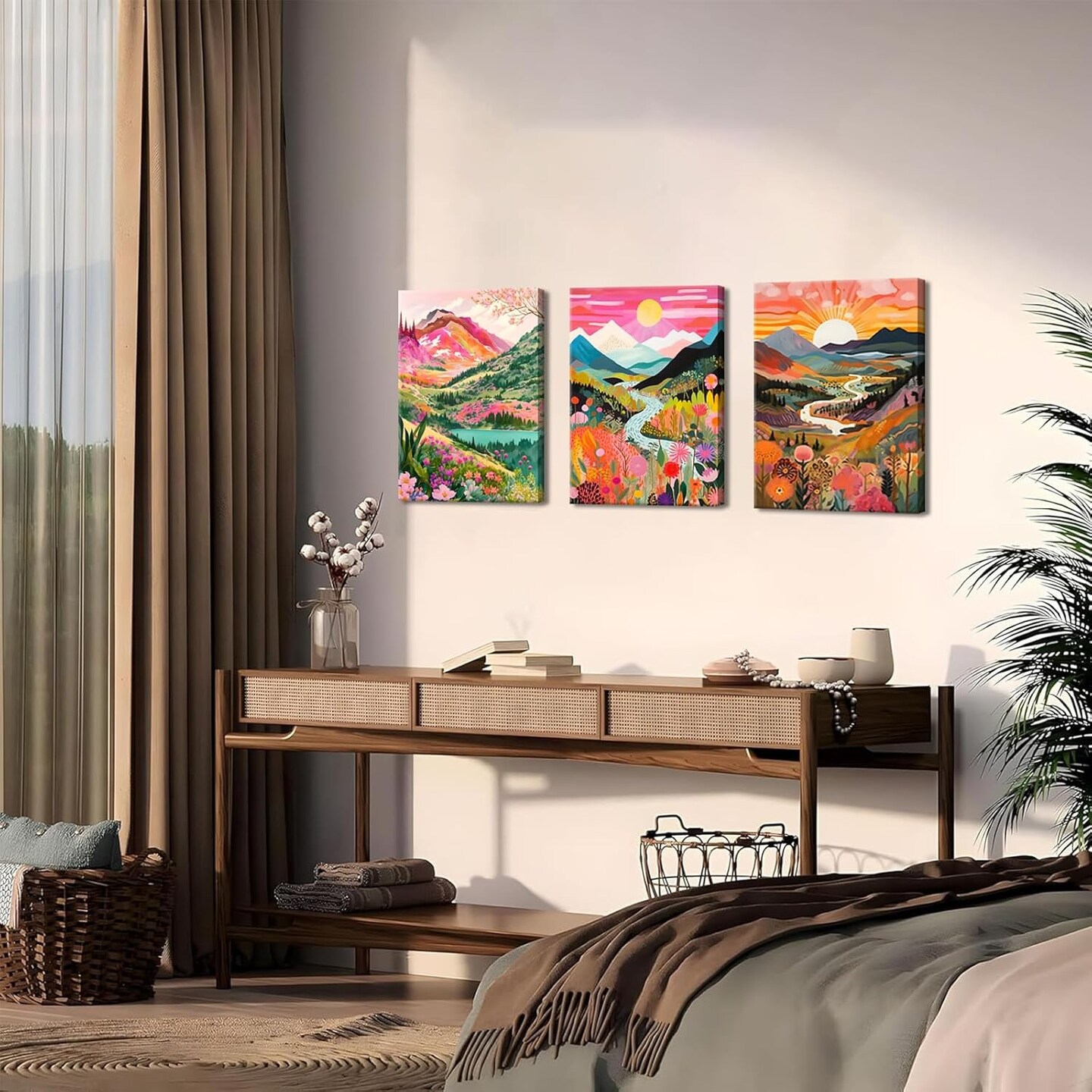 3Pcs Colorful Watercolor Mountain Canvas Wall Art Boho Floral Painting Picture Wall Decor Abstract Nature Landscape Poster Print Artwork for Living Room Bedroom Bathroom Office Home Decoration