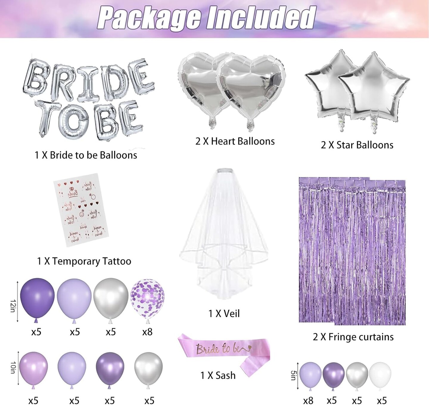 Lavender Bachelorette Party Decorations Set- Purple Bridal Shower Decorations Engagement Wedding Party Decor with Bride To Be Sash, Veil, Temporary Tattoos, Confetti Balloons Pack and Fringe Curtain
