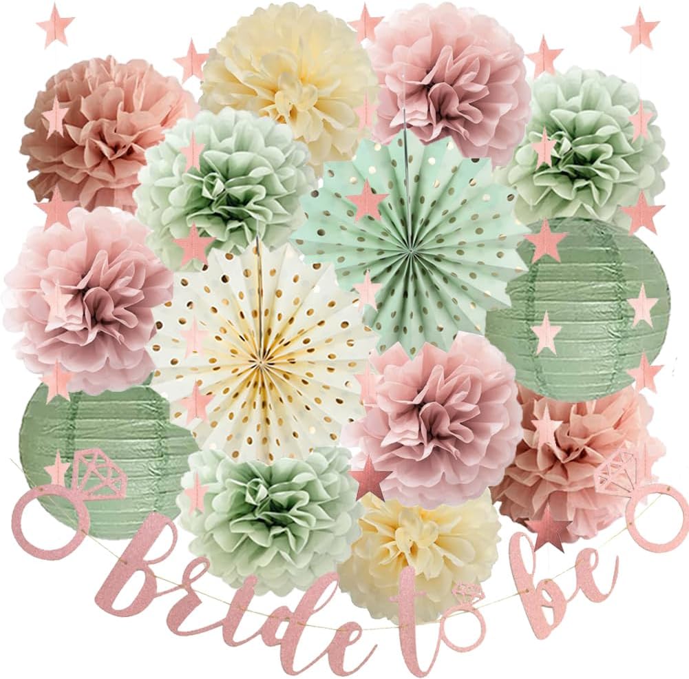 Sage Green and Dusty Pink Bachelorette Party Decorations Bridal Shower Decorations Bride to Be Banner Sage Green Dusty Pink Paper Pom Poms Paper Star Garland Engagement Wedding Shower Party Decor