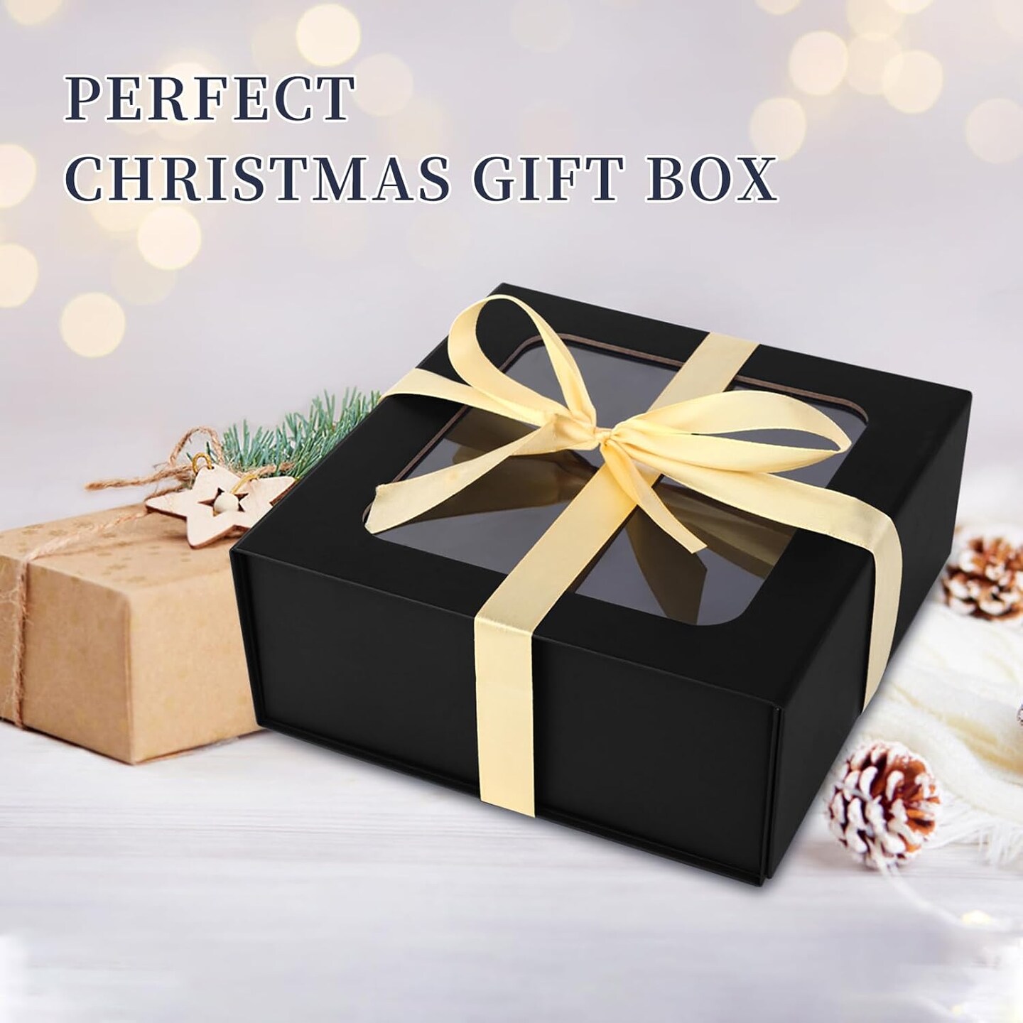 Black Gift Box with Window, 7.5&#x22;x7.5&#x22;x3.1&#x22; - Luxury Magnetic Lid Gift Box for Presents