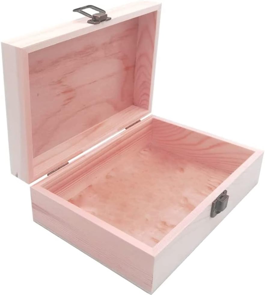 Unfinished Pine Wood Box - Large Wooden Boxes with Hinged Lid for Craft, DIY, Hobbies, Jewelry, Home Storage, 8 x 6 x 3 inch