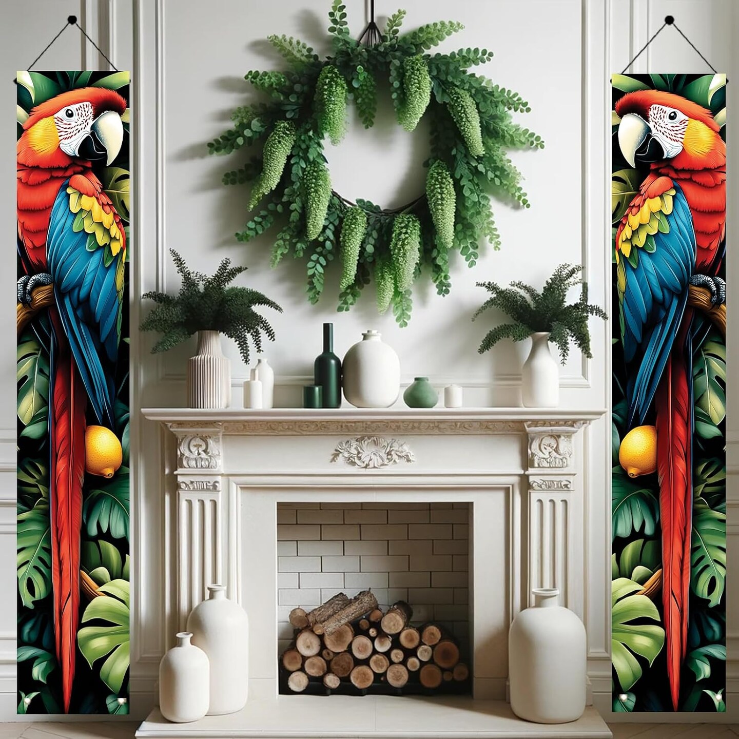 Tropical Parrot Porch Banners 71x12 Inch Summer Luau Party Decorations Colorful Macaw Hanging Door Signs Jungle Leaves Citrus Fruits Outdoor Patio Welcome Banner for Home Decor