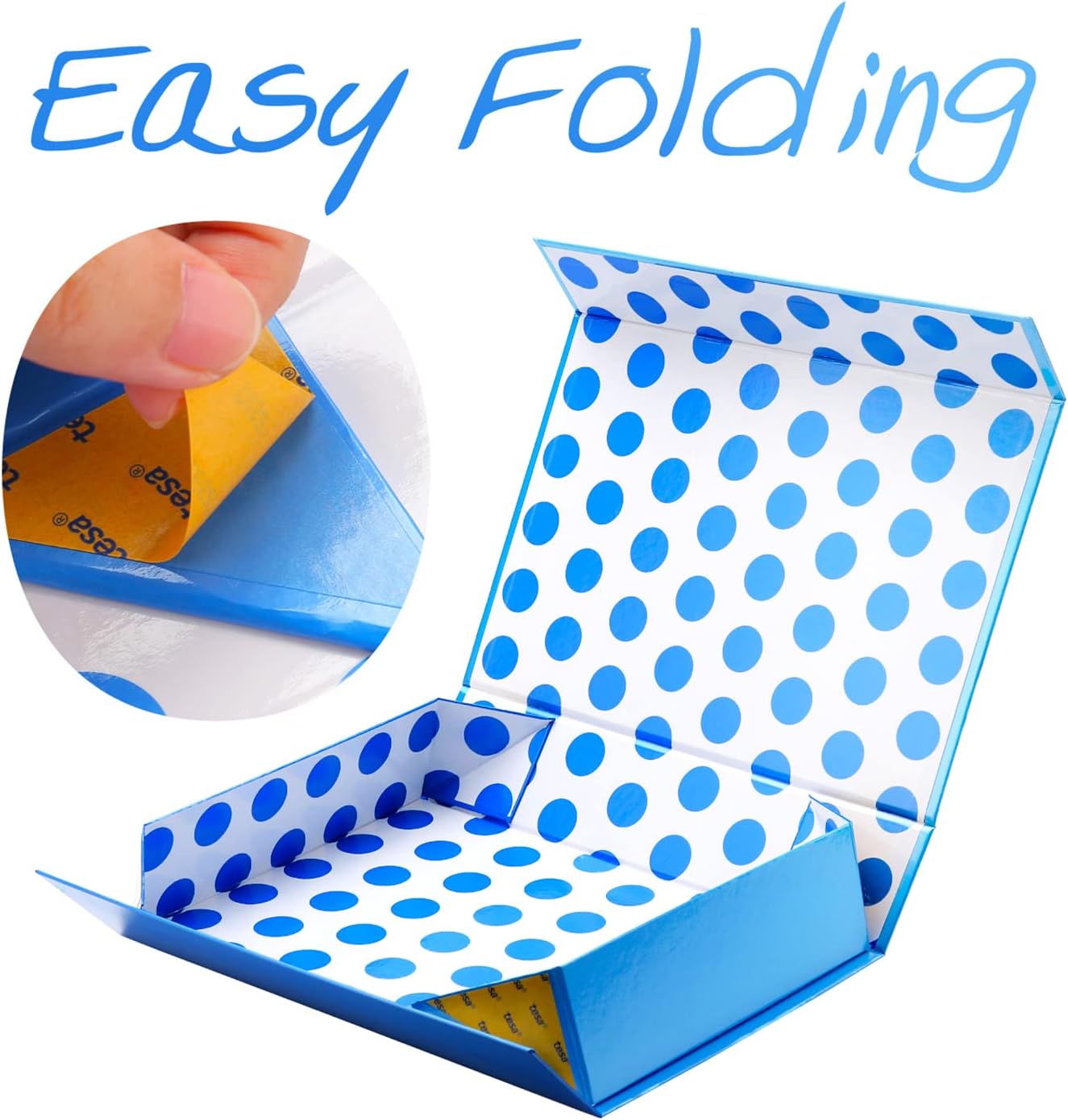 Blue Gift Box with Lid for Presents, Magnetic Shirt Gift Boxes for Clothes (Glossy Metallic Blue, Polka Dot Design Inside)