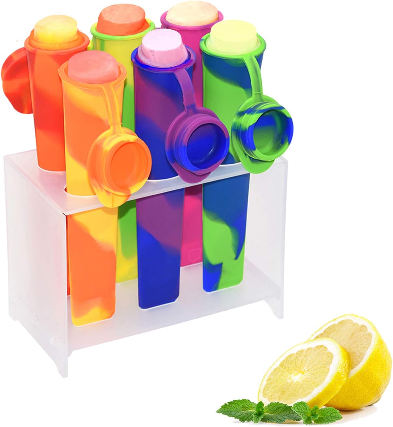 Popsicle Molds for Kids,6 Pieces Popsicles Molds Silicone BPA- Free Popsicle Molds with Rack,Multicolored Reusable Popsicle Maker Ice Pop Molds Attached Lids for Adults Kids with Cleaning Brush