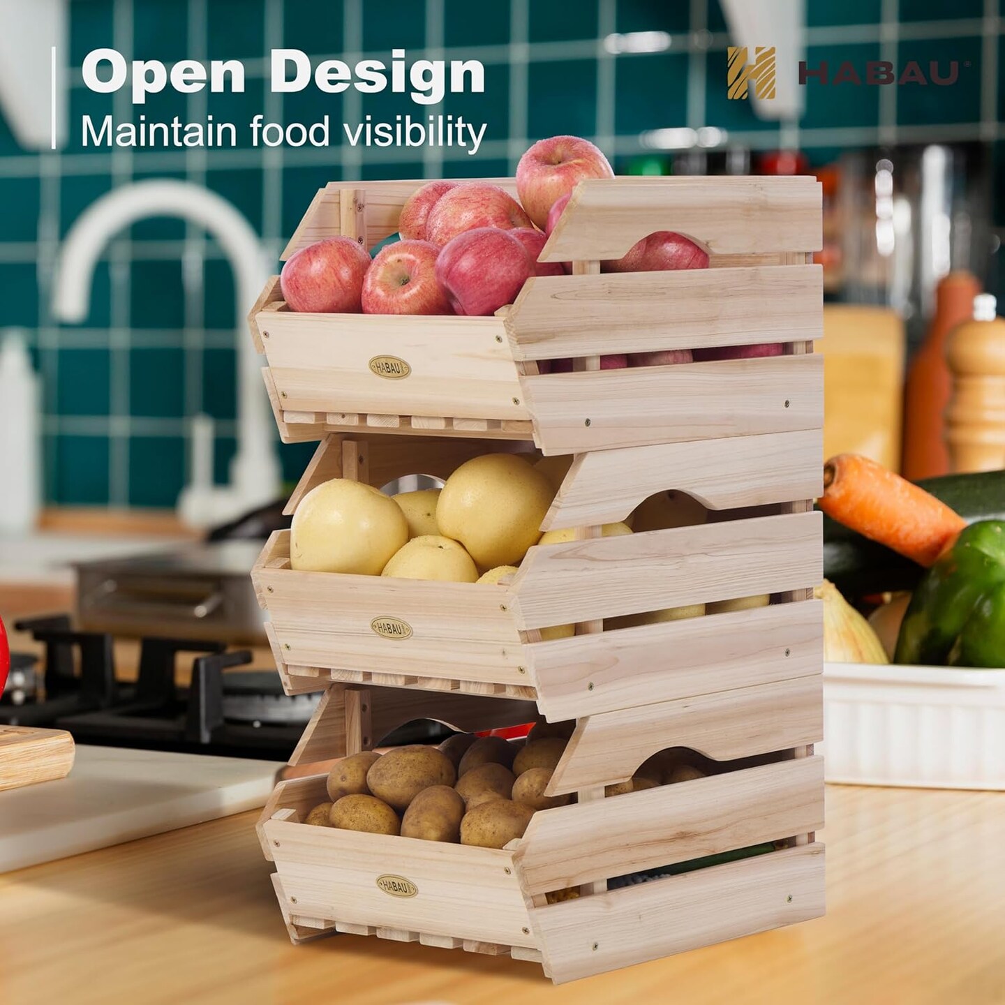 Wood Potato Onion Storage Bins - Wooden Stackable Produce Basket - Fruit Vegetable Storage for Kitchen Pantry Organization, Set 3 Pieces