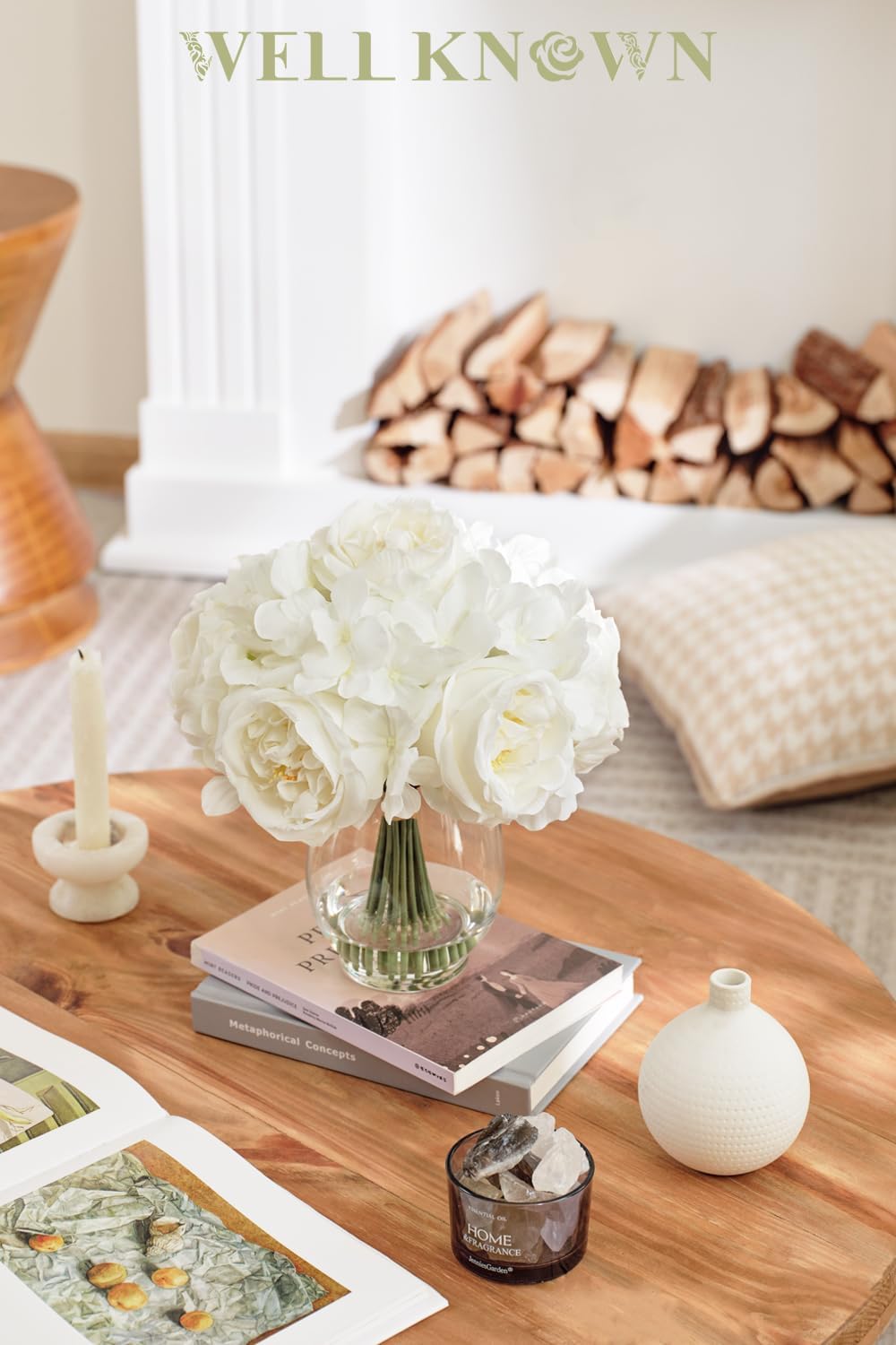 Artificial Ivory White Hydrangea Austin Rose Flower Arrangement in Vase with Fake Water, Real Touch Fake Flowers Faux Hydrangea Centerpieces
