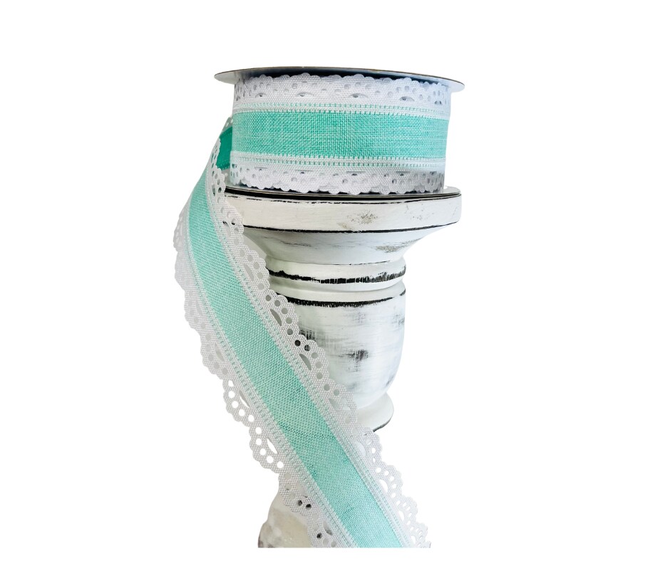 Mint Green and White Scalloped Edge Royal Burlap Wired Ribbon - 1.5 Inches Wide, 10 Yards Length - Perfect for Crafts-RGA1541AN