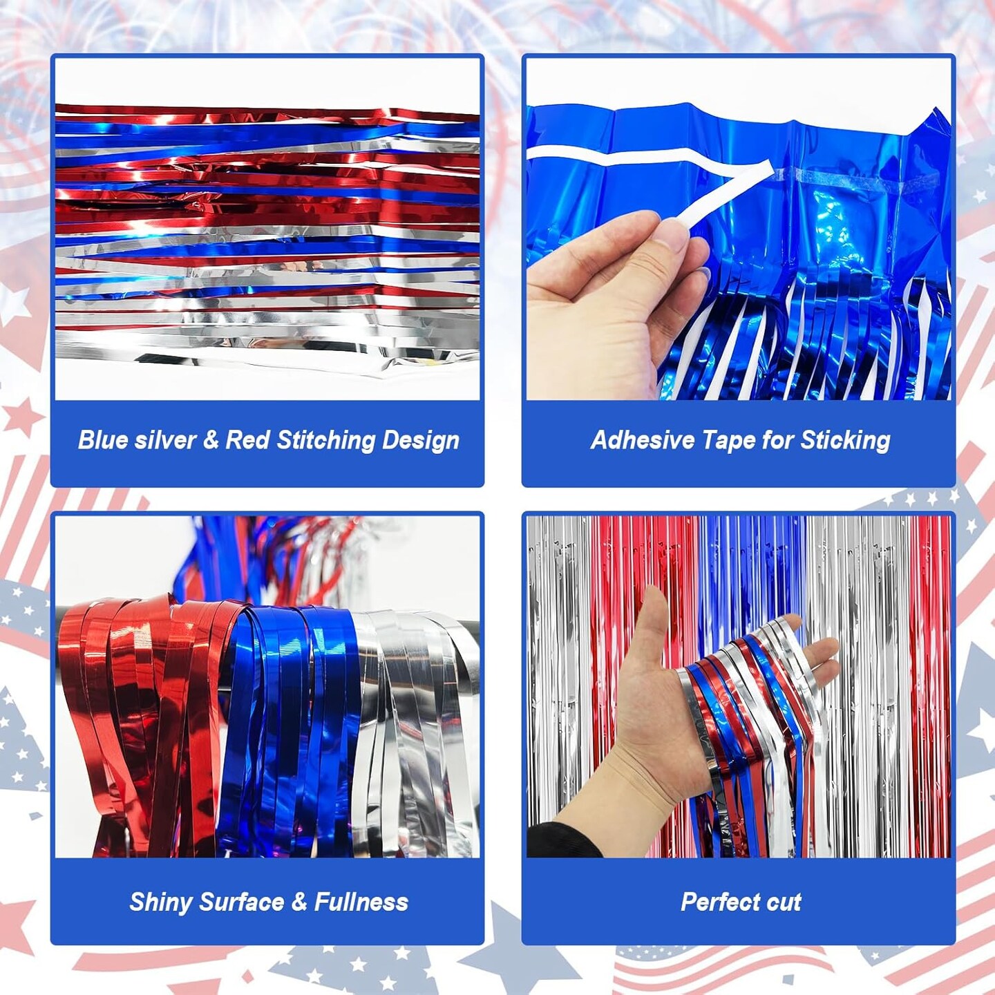 2pcs 3.3x6.6ft Red White and Blue Tinsel Foil Fringe Curtains 4th of July Decorations Party Streamer Backdrop for America Patriotic Party, Memorial Day, Independence Day, Labor Day