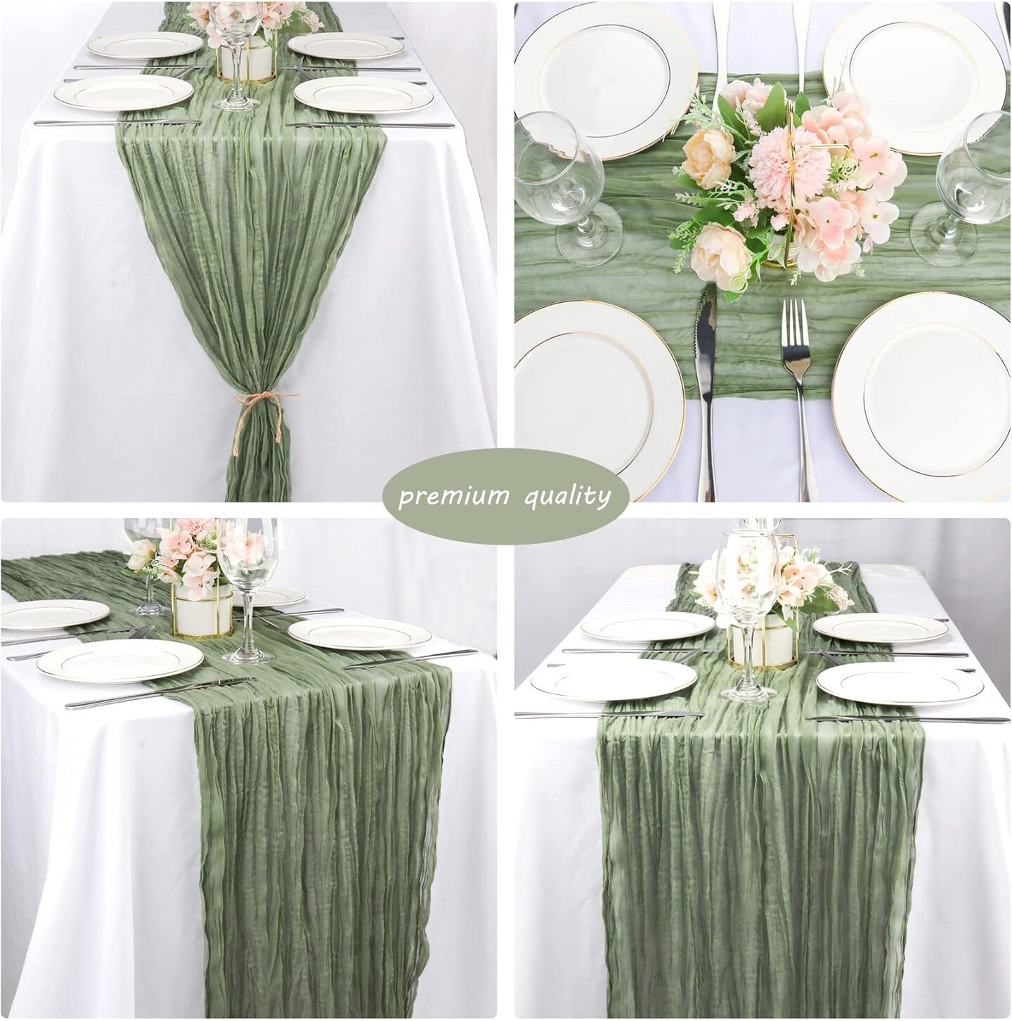 12 Pack Dusty Sage Green Cheesecloth Table Runners – 10Ft Long Boho Gauze Table Decor for Weddings, Bridal Showers, Birthdays, 35"x120"