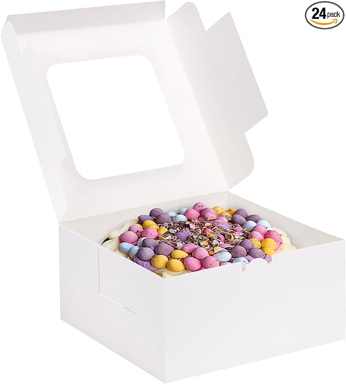 24pcs Cake Boxes, 10x10x5 Inches White Square Bakery Boxes with Window Cajas Pasteles for Cake, Mother's Day, Pastries, Chocolates, Cookies, Pie, Birthday Party, Wedding