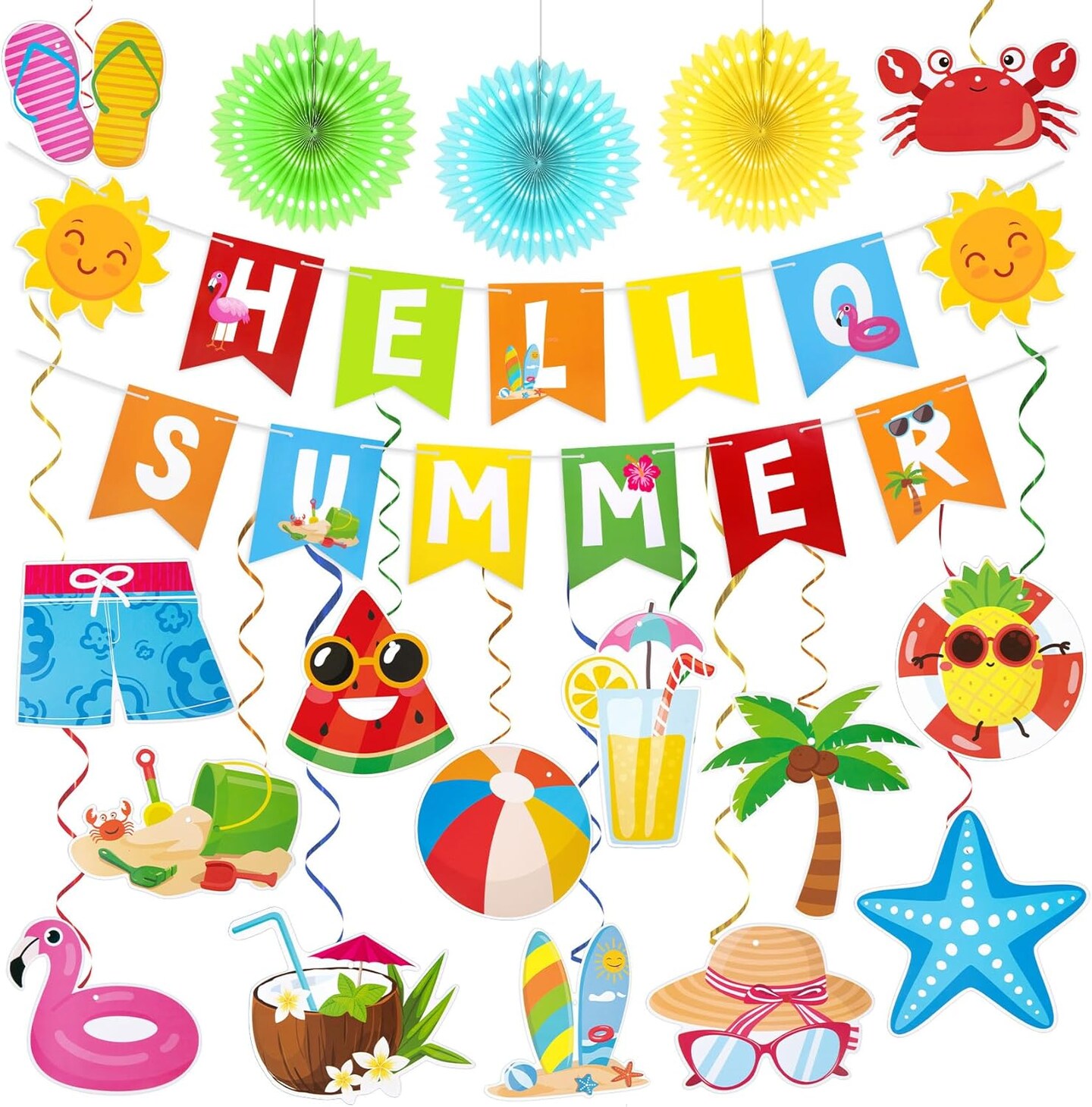 Summer Pool Party Decorations, Hello Summer Banner Paper Lanterns Beach Hanging Streams Decor for Hawaiian Luau Tropical Vacation Outfit Birthday Party Supplies Favors