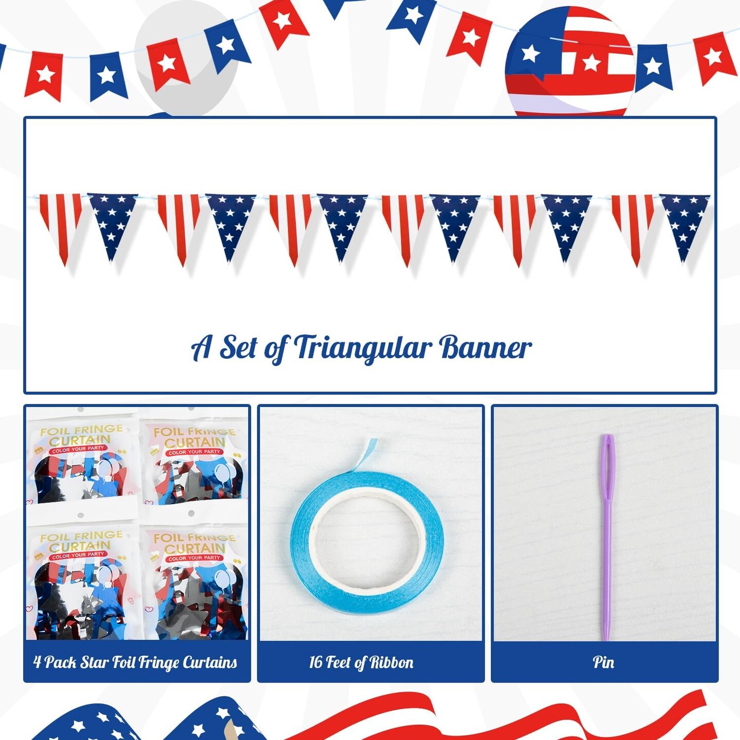 4th of July Decorations, 4 Pack Red Blue and White Star Tinsel Foil Fringe Curtains with 1 Pack Banner, Independence Day Fringe Curtain Backdrop for Photo Booth, Memorial Day, Patriotic Party