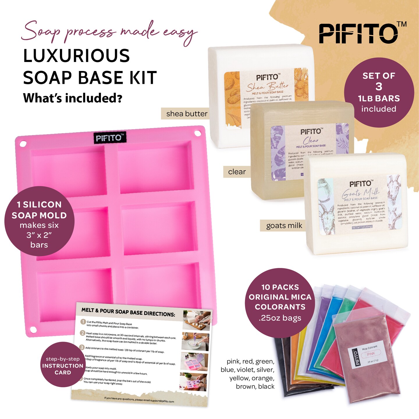 Pifito Soap Making Kit &#x2502; DIY Soap Making Supplies - 3 lbs Melt and Pour Soap Base (Goats Milk, Shea Butter, Clear), 10-Pack Mica &#x22;Original&#x22; Colorants Sampler, Mold and Instructions