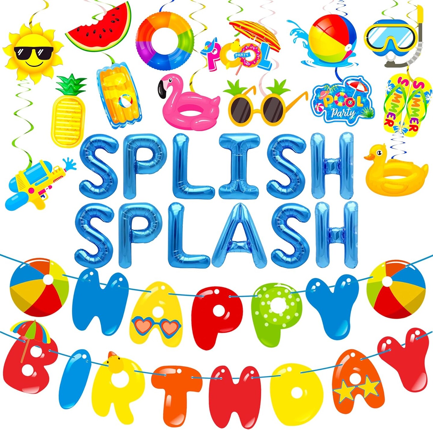 Splish Splash Birthday Bash Party Supplies Splish Splash Balloons Beach Happy Birthday Banner Summer Pool Party Hanging Swirls for Boys Hawaiian Summer Pool Beach Party Decorations