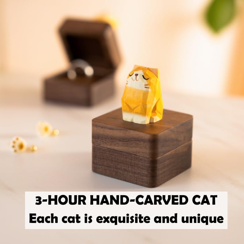 Hand-Carved Cat Wooden Ring Box - Magnetic Closure &#x26; Shockproof Sponge Vintage Jewelry Ring Holder Box, Personalized Square Wedding Ring Box