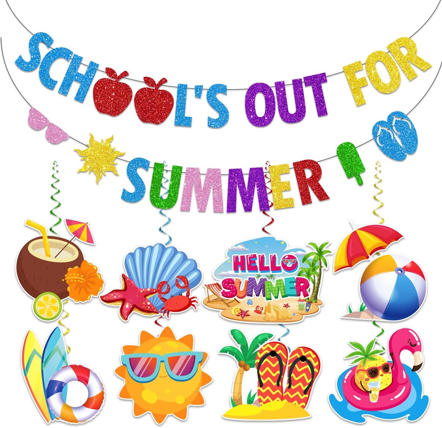 Schools Out for Summer Decorations Banner Swirls, NO-DIY End of School Year Party Decorations Include 1 Pc Out for Summer Banner and 8 Pcs Hanging Swirls