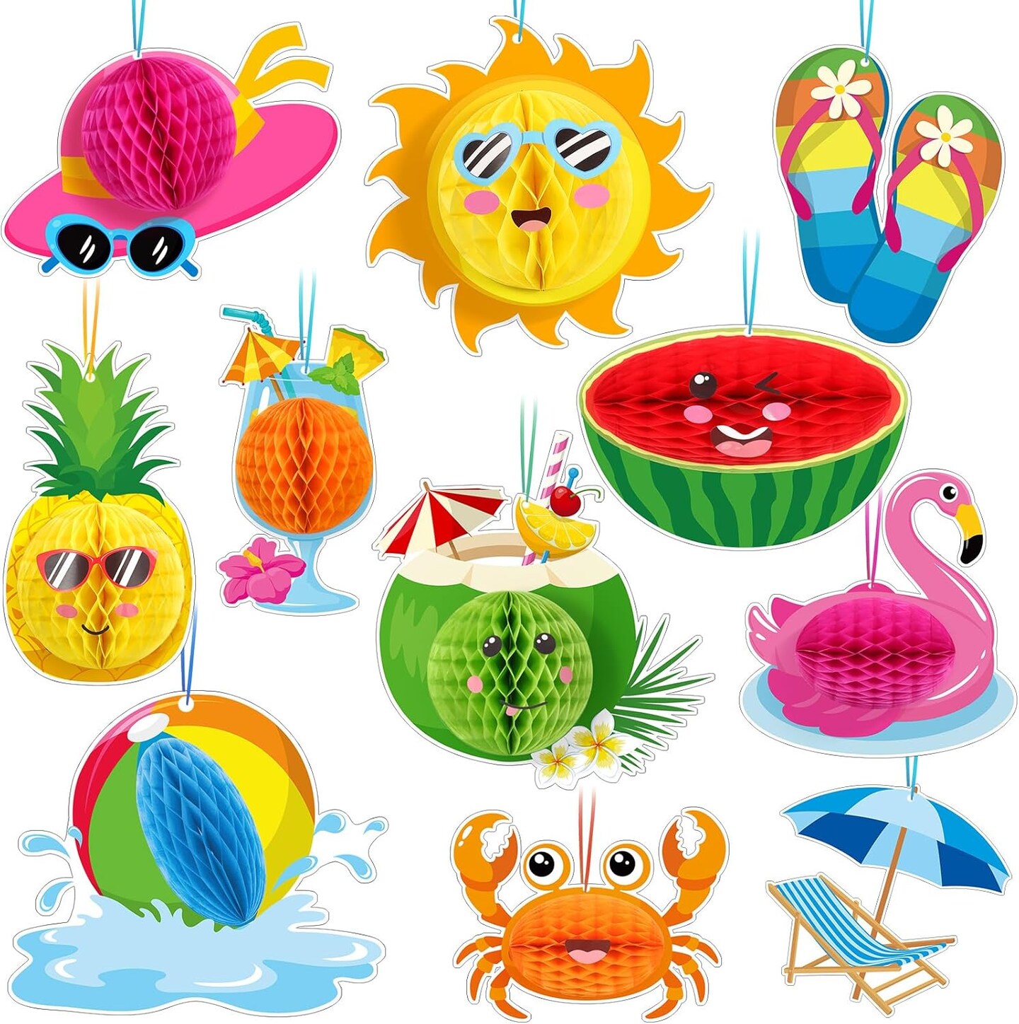 11 Pcs Summer Beach Party Hanging Decorations School&#x27;s Out for Summer Ceiling Hanging Decor with 3D Honeycomb Ball End of School Year Pool Party Ornaments for Luau Hawaii Grad Beach Vacation