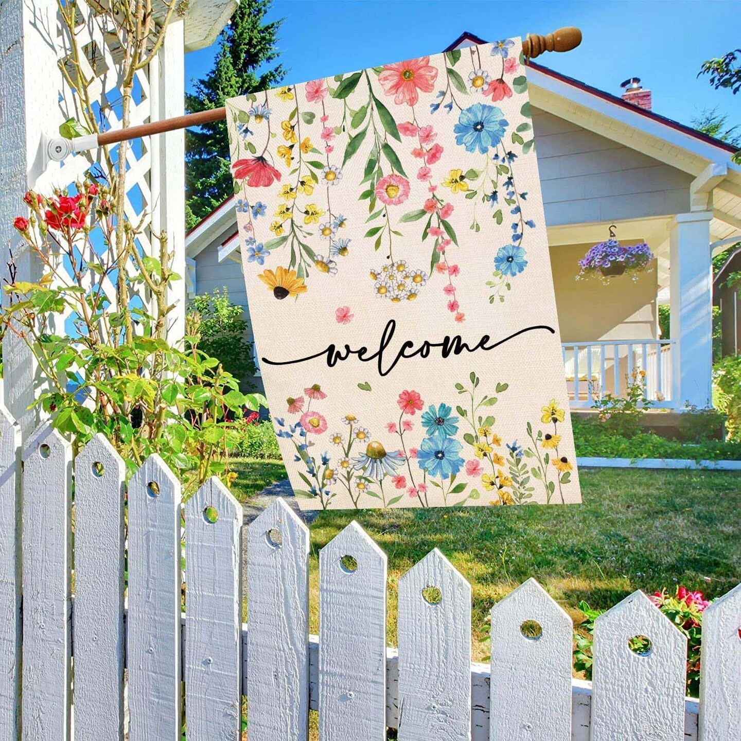 Summer Welcome Floral House Flag 28x40 Inch Double Sided Large Yard Flag Outside Outdoor Seasonal Burlap Flowers Flags Home Patio Decoration