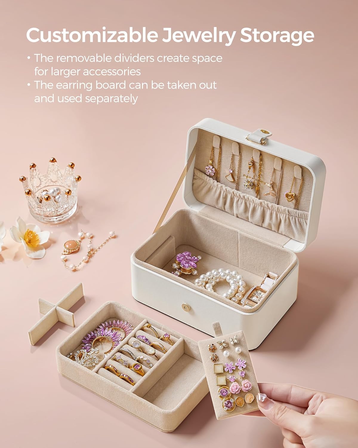 Jewelry Organizer Box – 2-Layer Travel Case for Earrings, Necklaces & Bracelets, Portable Jewelry Storage with Large Capacity, Cloud White (UJBC166W01)