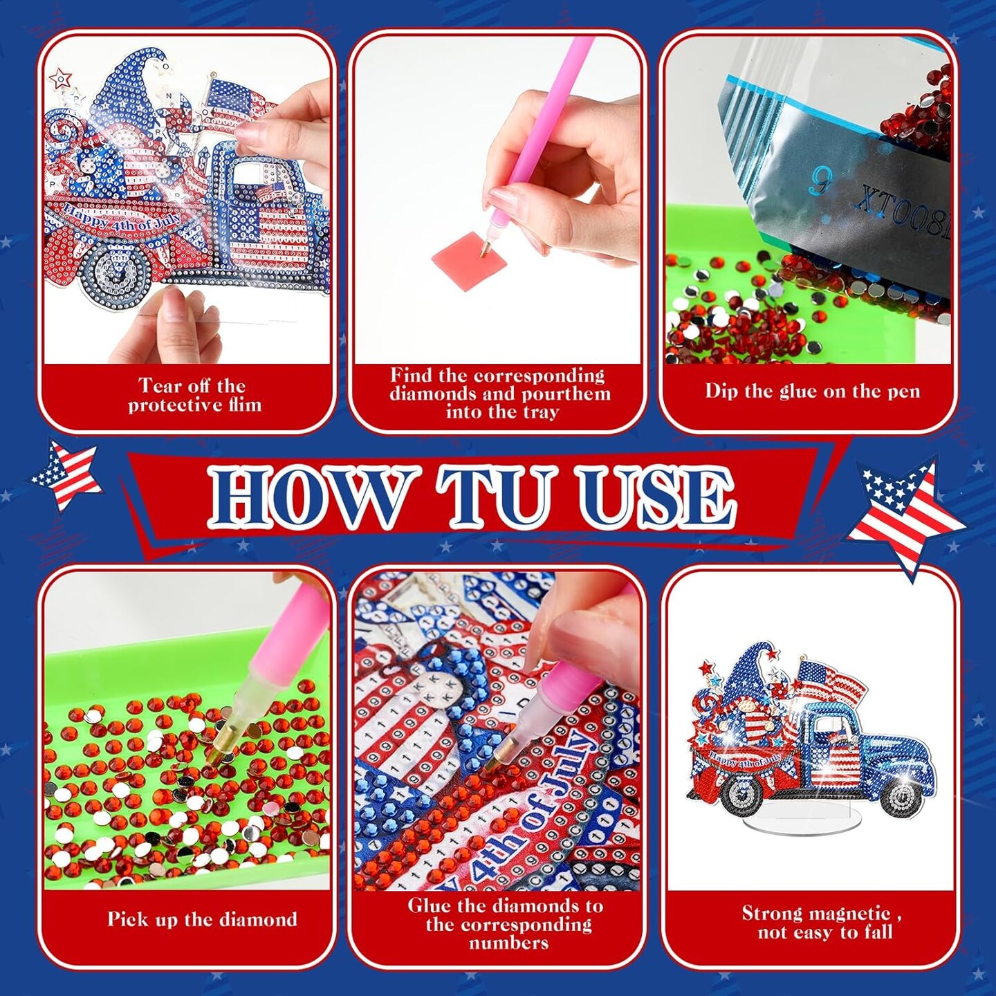 3 Pcs Memorial Day Diamond Painting Kit Tabletop Decorations Patriotic Centerpieces 4th of July DIY Diamond Art Independence Day Desktop Ornaments