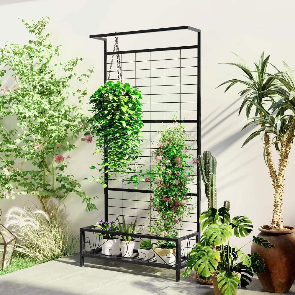 Multi-Tier Tall Metal Flower Plant Stand with Trellis & Hanging Bar