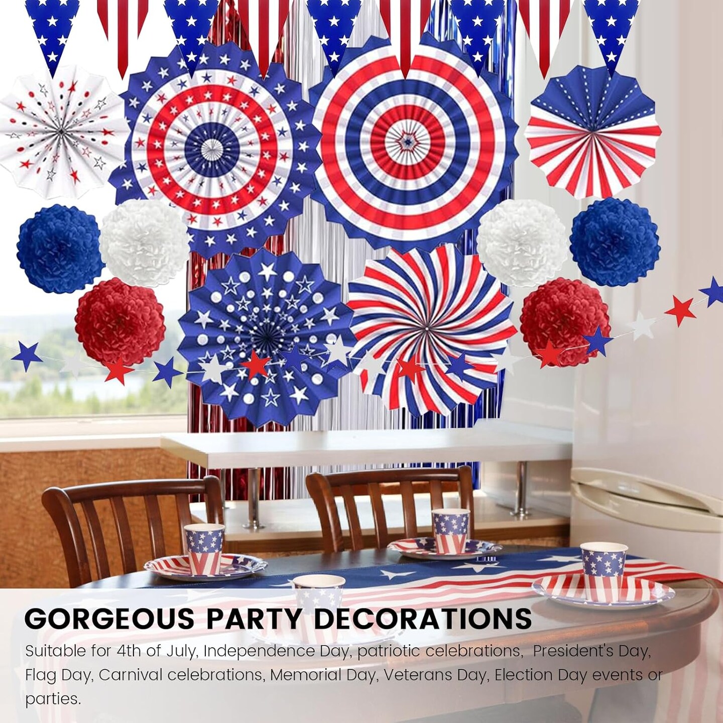 4th of July Decorations Patriotic Decor American Flag Red White Blue Paper Fans Independence Day Star Streamer, Foil Fringe Curtain, Pom Poms, USA Pennant Bunting Party Decor Supplies