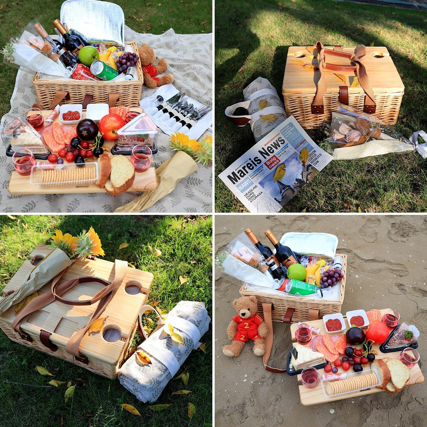 Picnic Basket for 4 with Mini Folding Wine Picnic Table &#x26; Large Insulated Cooler Bag &#x26; Cutlery Service Kits for 4 Person, Couples Gifts, Wedding Gifts (Y2307-4-CM)